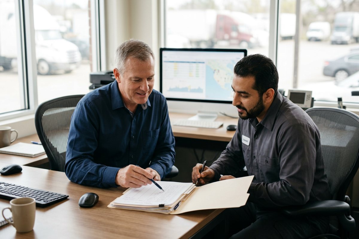 Fleet manager reviewing driver records to control transportation insurance cost